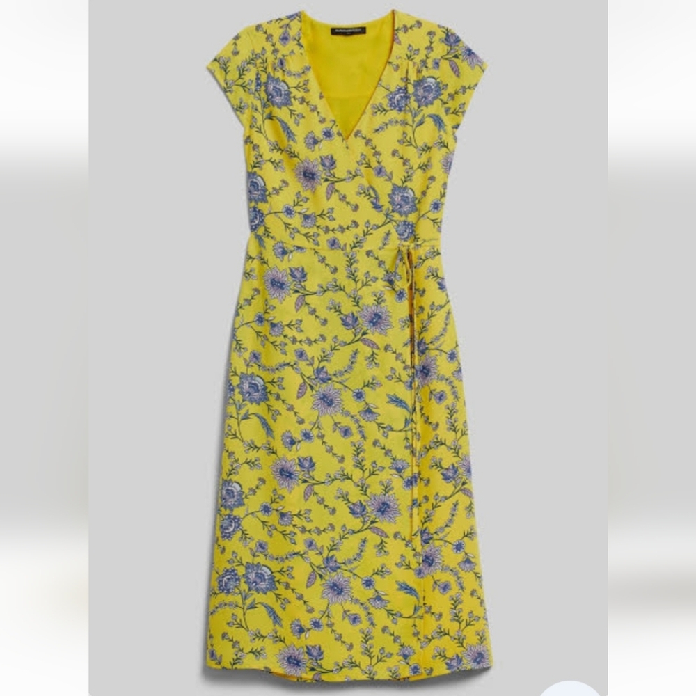 Banana Republic Vibrant Yellow Wrap Dress with Blue Floral Design